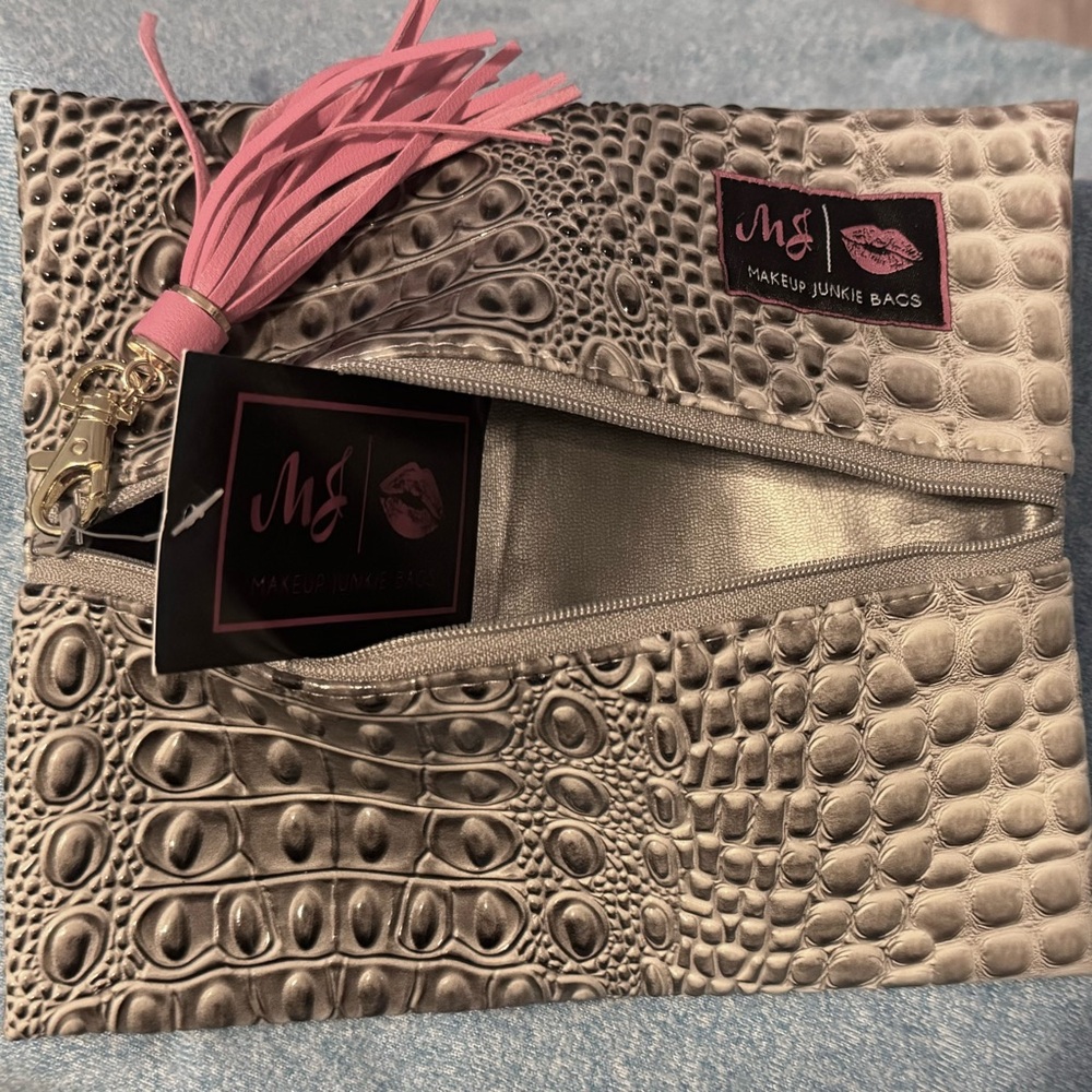 NWT; Makeup Junkie Bag: Crocodile Pattern Clutch - Pink and Gray